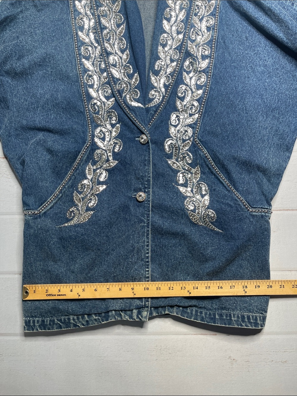 Vintage Denim Sequins Jacket 80s Large Beaded Cotton Long Length Golden Girls L - Picture 11 of 16